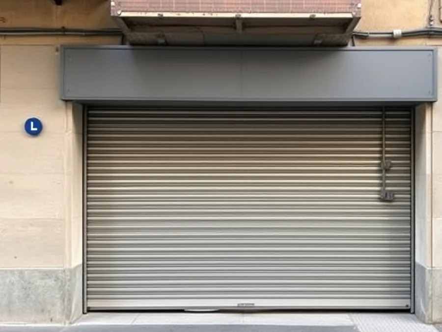 Puerta enrollable metálica en la entrada de un garaje de un edificio de Barcelona